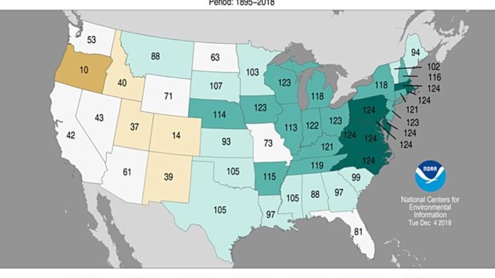 Statewide ranks of January-through-November precipitation in 2018. States shaded in dark green had the wettest first 11 months of any year in records dating to 1895.