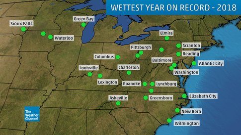 These cities set their new record wet year in 2018. Locations with at least a 60-year period of record are plotted above.