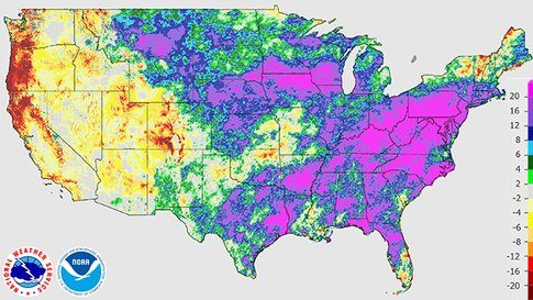 2018 precipitation departures from average. Areas in the purple shadings picked up at least 12 inches more than average in 2018.