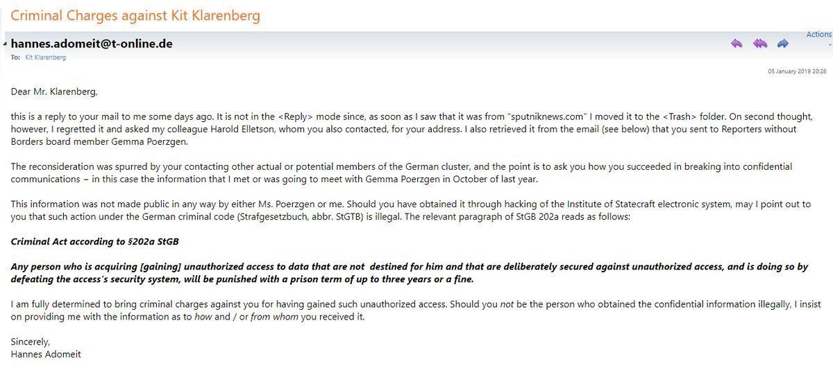 Click to enlarge Integrity Initiative's German Cluster Chief Hannes Adomeit Threatens Sputnik
