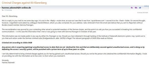 Click to enlarge Integrity Initiative's German Cluster Chief Hannes Adomeit Threatens Sputnik