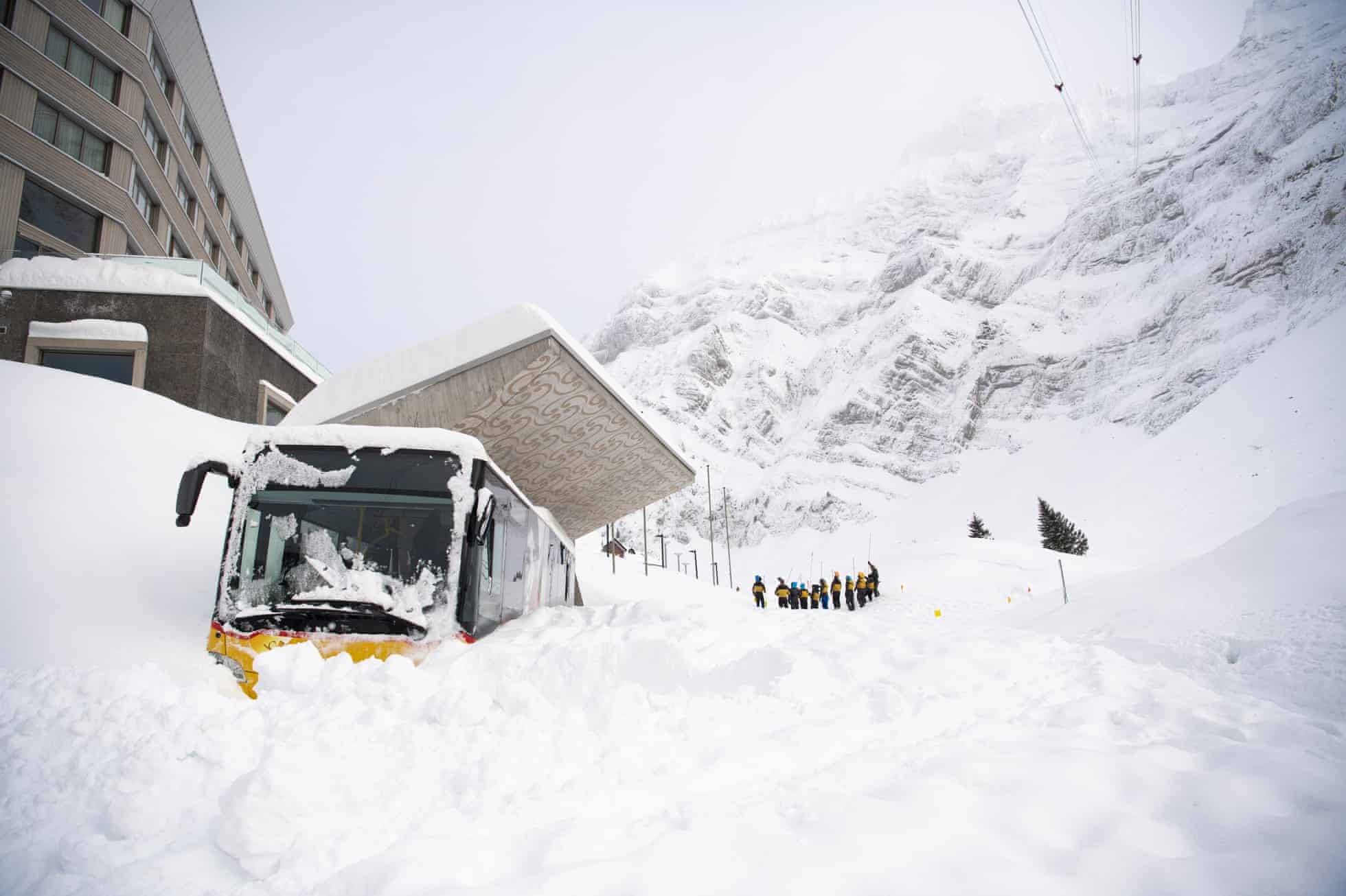 Snow is piled up outside the Hotel Saentis