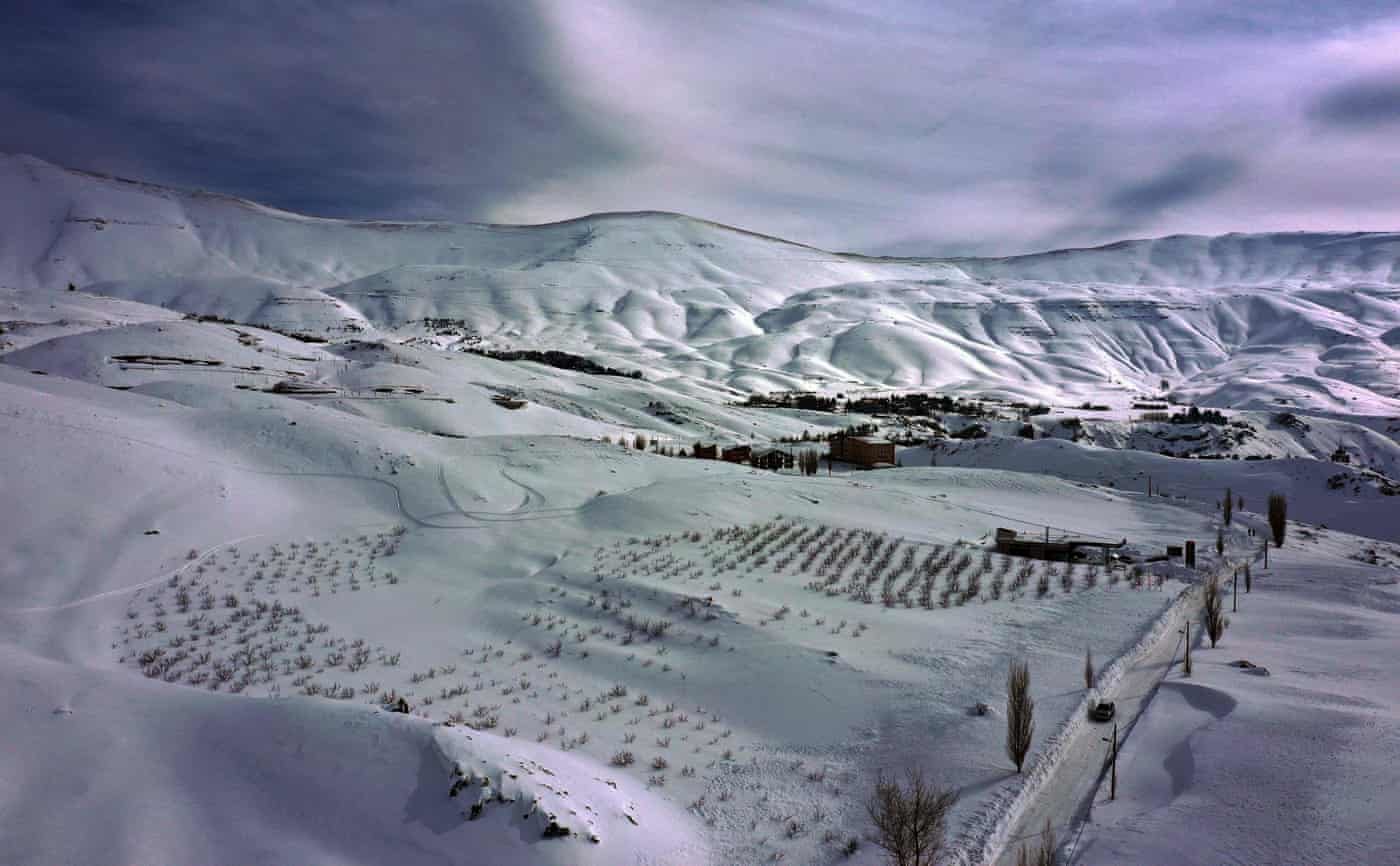 Aerial view of the snow covered mountains of the Cedars area in the Lebanese mountains north of Beirut