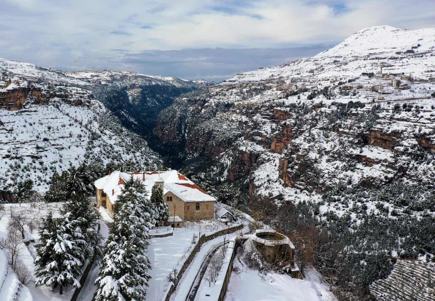 Aerial view of the Unesco world heritage site of the Qadisha valley and the Christian Maronite monastery of Saint Alichaa that flanks the Cedars area in the Lebanese mountains