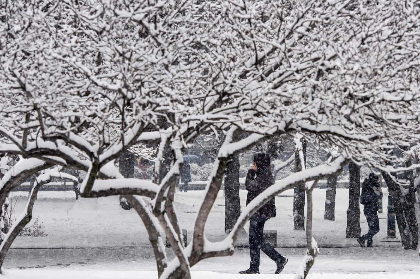 Click to enlarge A man walks on a snow covered street during heavy snowfall in Skopje, Macedonia.