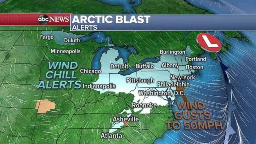 The Arctic blast is producing wind chill alerts and gusts of up to 50 mph