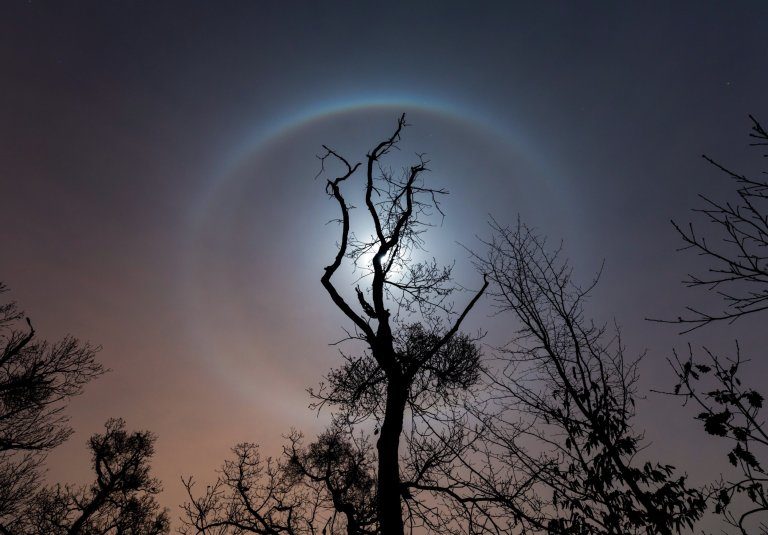 Moon halo over Budapest, Hungary