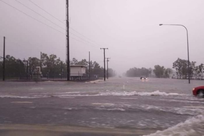 Power transformers surrounded by floodwater