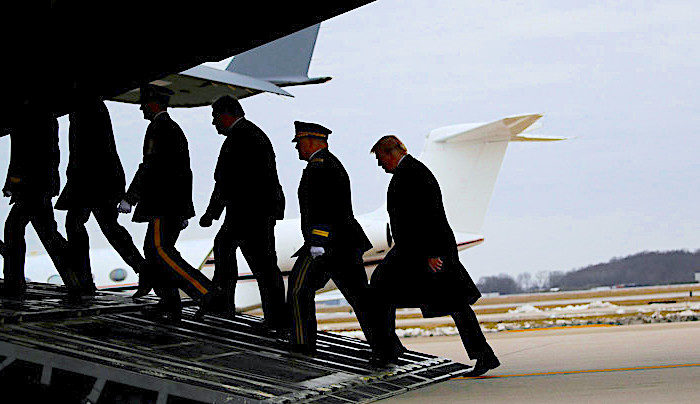 Trump follows military into plane