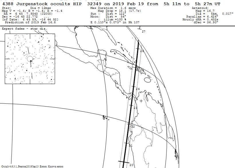 Click to enlarge map occultation of Sirius 2019