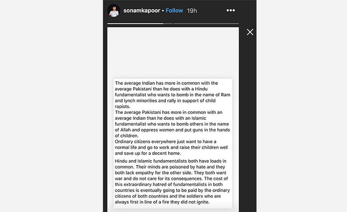 Click to enlarge Sonam Kapoor antiwar instagram