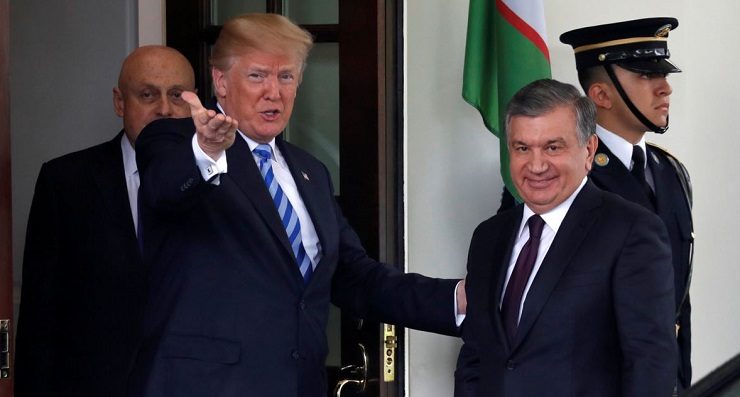 Click to enlarge Donald Trump greets Uzbekistan's President Shavkat Mirziyoev