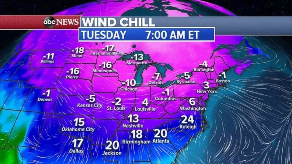 Wind chills also will be very cold in many spots on Tuesday.