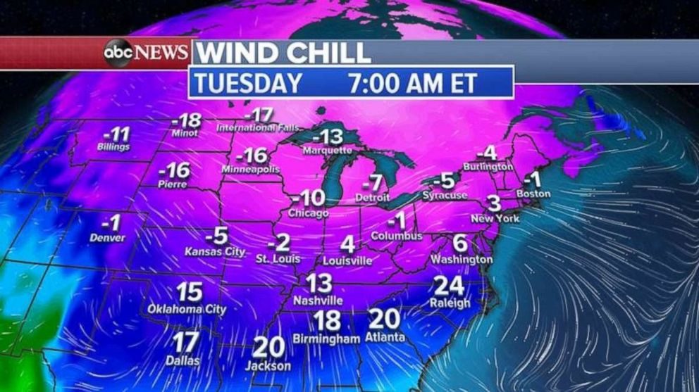 Click to enlarge Wind chills also will be very cold in many spots on Tuesday.