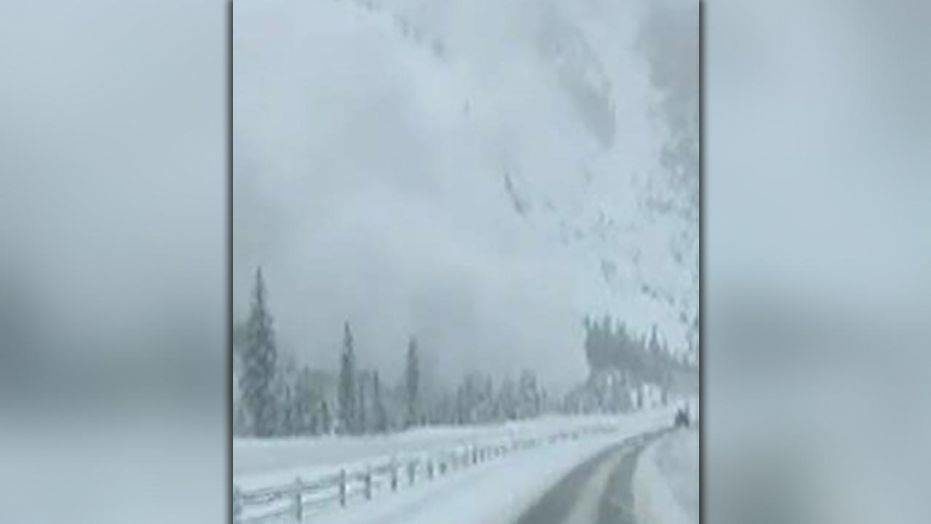 Click to enlarge Avalanche barrels down mountainside towards highway in Colorado
