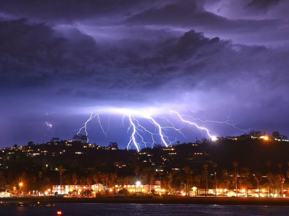 Click to enlarge Lightning strikes light up the sky above Stearns Wharf in Santa Barbara, California