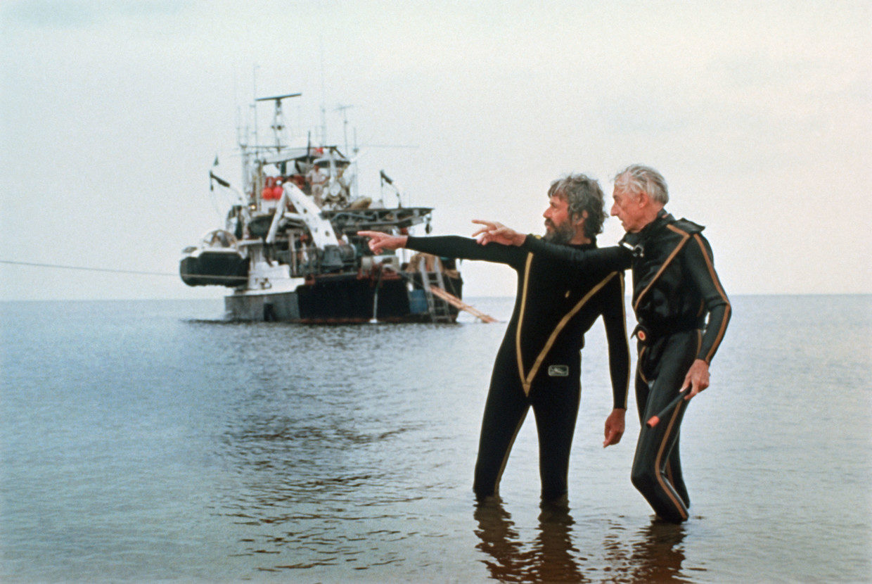 Click to enlarge French explorer Jacques-Yves Cousteau (R) with his son Jean-Michel Cousteau (L) in the Amazon