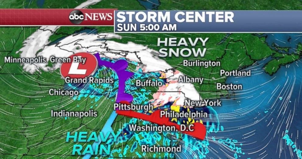Heavy snow will move into Upstate New York and northern New England on Sunday.