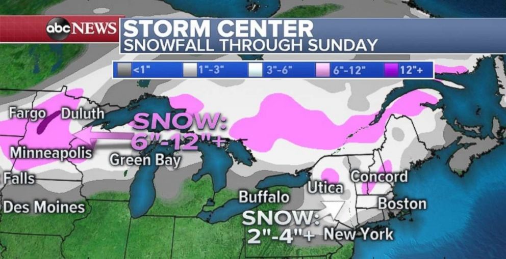 Snowfall will be heaviest in Minnesota, with a few inches also possible in northern New York and New England.