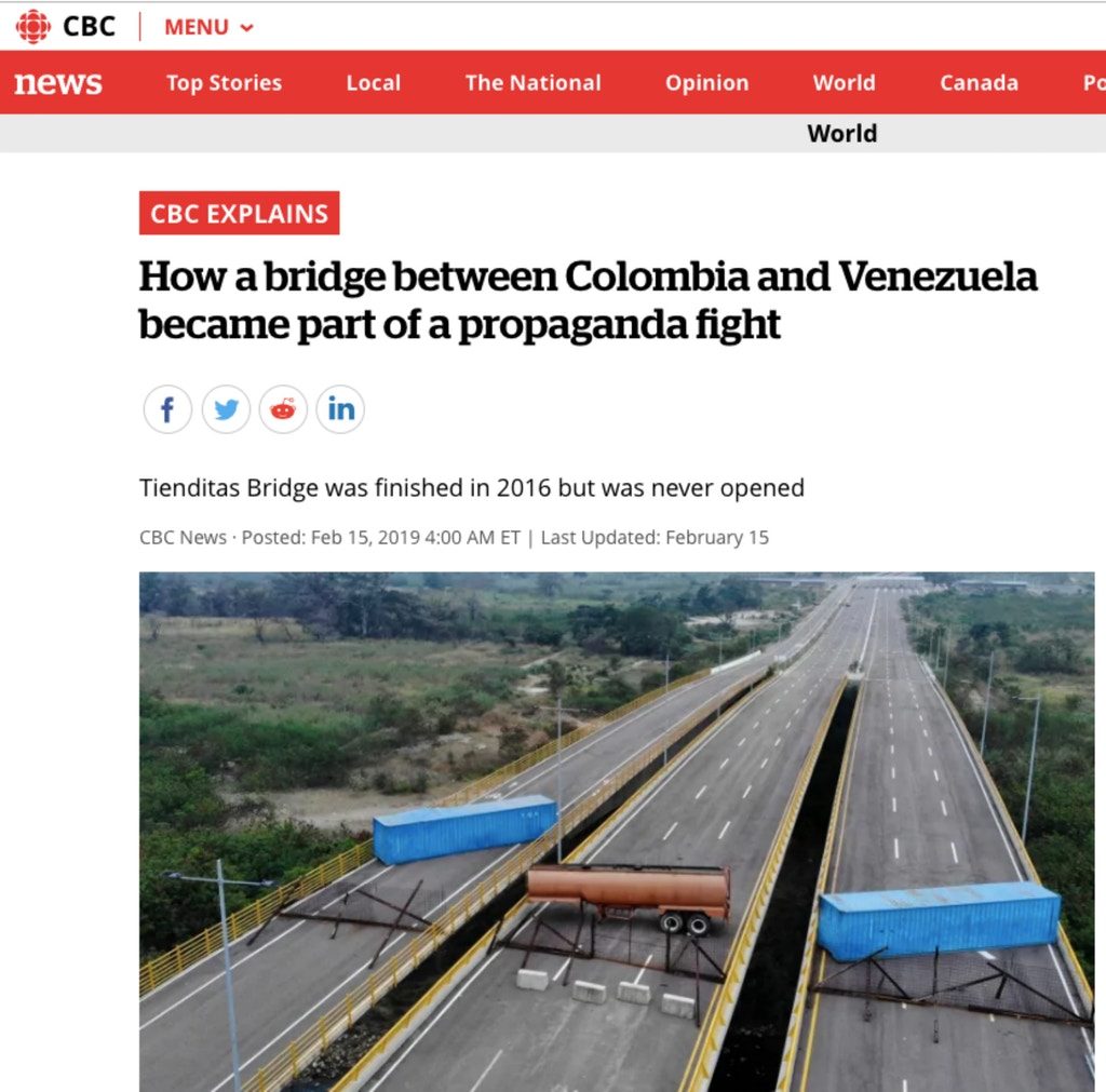 Click to enlarge CBC headline columbia venezuela bridge