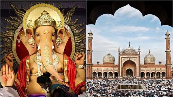 idol of Hindu elephant god Ganesh (L) and the Jama Masjid (Grand Mosque) in the old quarters of Delhi.