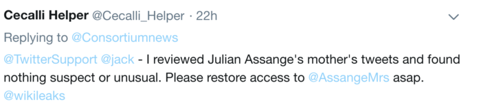 twitter assange mother restored