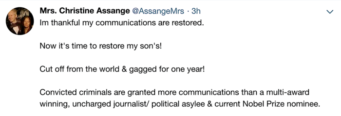 twitter assange mother restored