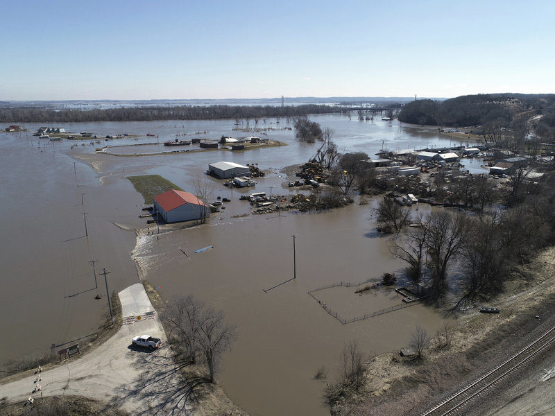 aerial photo shows flooding near the Platte River in in Plattsmouth, Neb