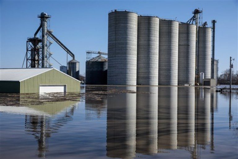 Click to enlarge Bartlett Grain Company grain elevators are surrounded by floodwaters in Hamburg, Iowa