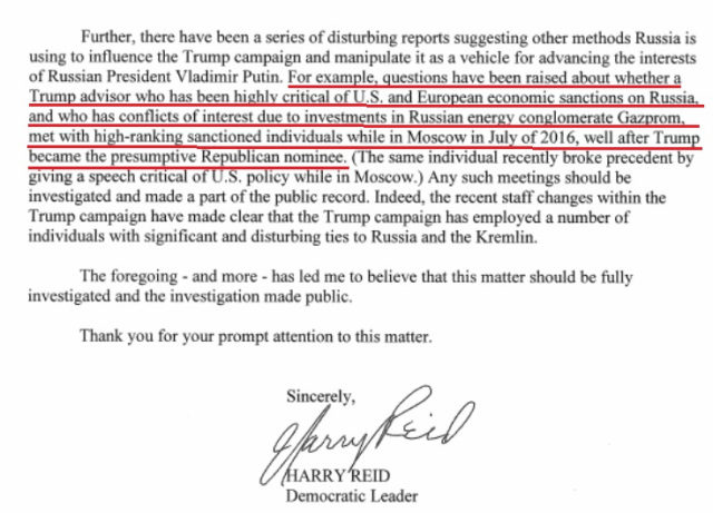 harry reid dossier letter russia collusion