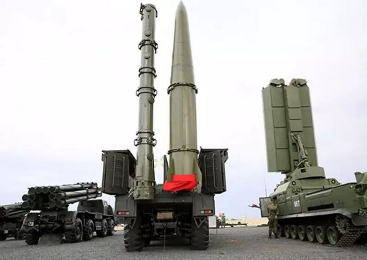 Russian 9M728 cruise missiles, left, and 9M723 short-range ballistic missiles, right