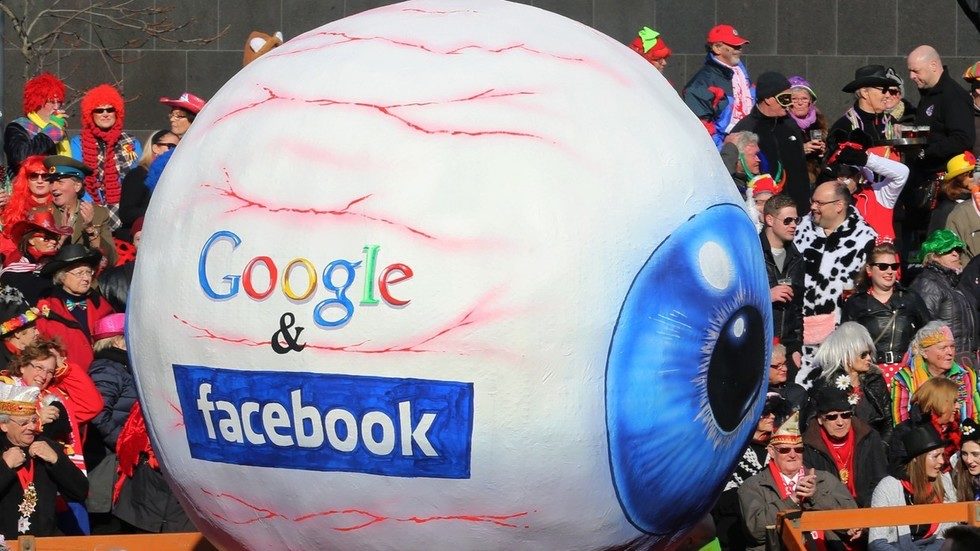 A Google and Facebook-themed float