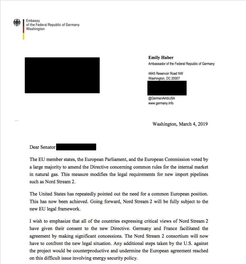 German ambassador letter US putin sanctions