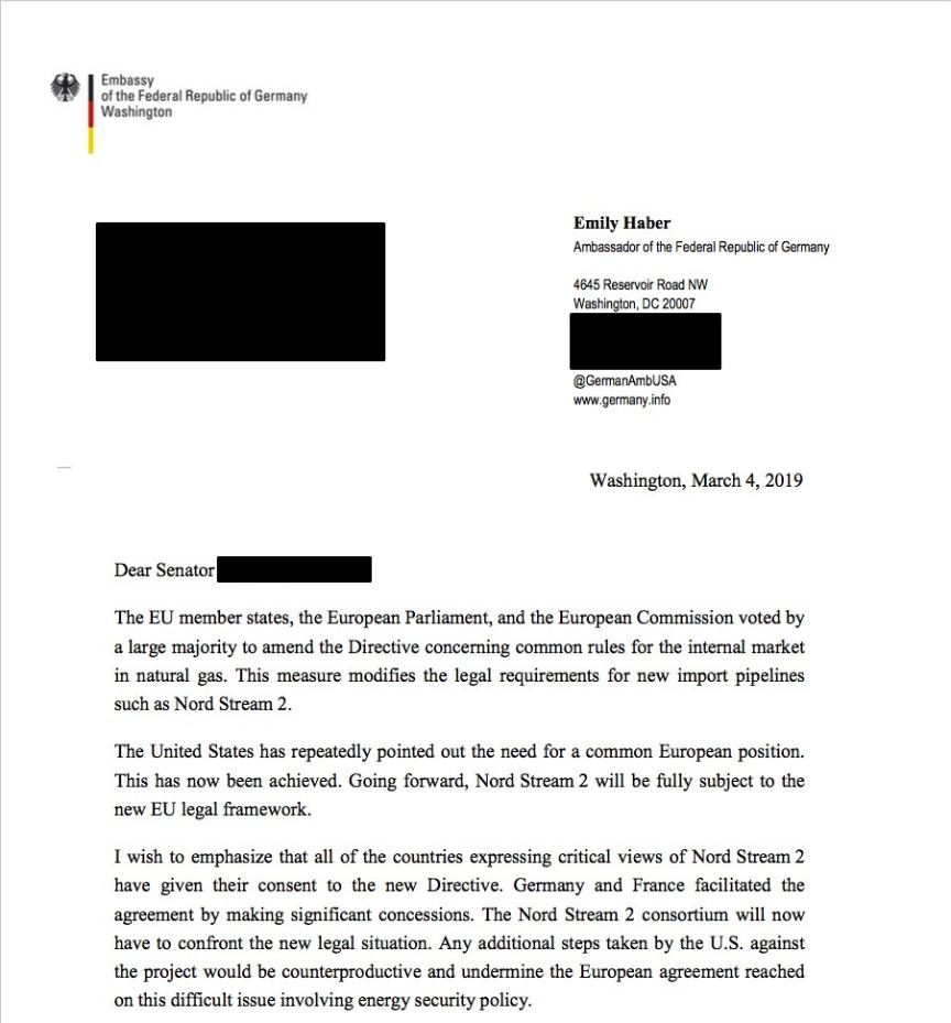 Click to enlarge German ambassador letter US putin sanctions