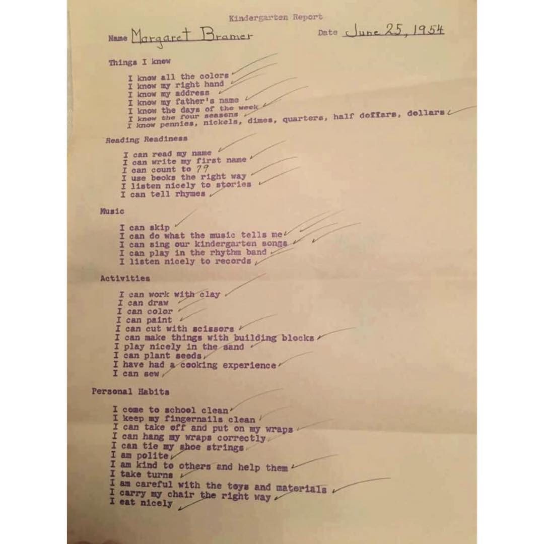 Click to enlarge kindergarten report card 1954