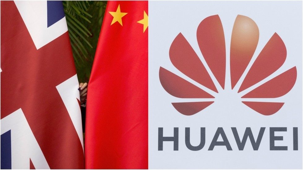 File Photo: UK and Chinese flags (L) and Huawei logo (R)