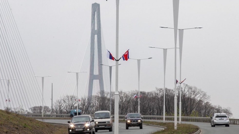 Russian and North Korean flags Vladivostok