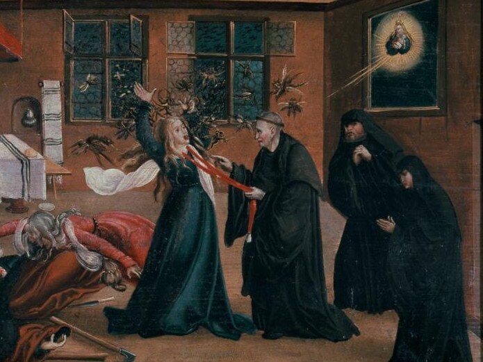 Click to enlarge A depiction of an exorcism from the Middle Ages.