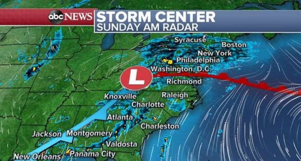 The radar on Sunday morning shows showers stretching from the Northeast down to the Deep South.