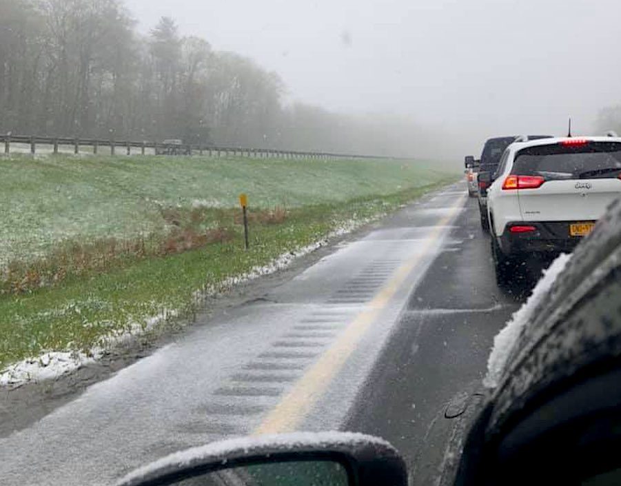 Click to enlarge Winterlike weather made a snow scene for motorists on the turnpike Sunday in Blandford, Massachusetts.
