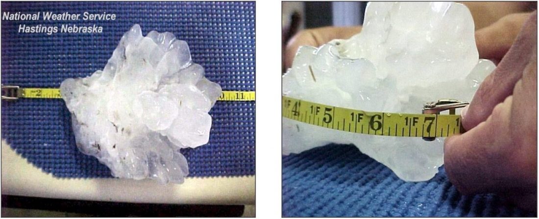 NWS Hastings staff measuring the diameter and circumference of the Aurora, Nebraska hailstone. Again, the ruler is in inches!