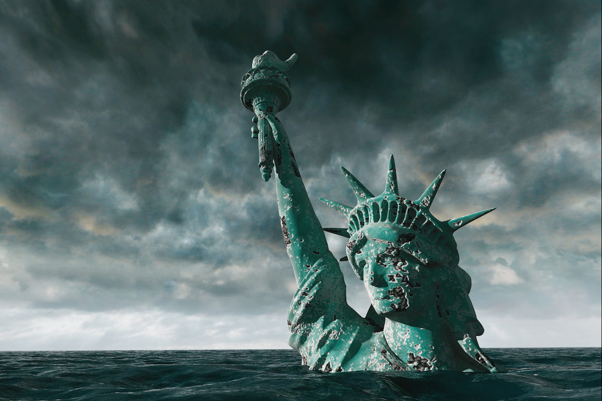 Sinking green statue of liberty