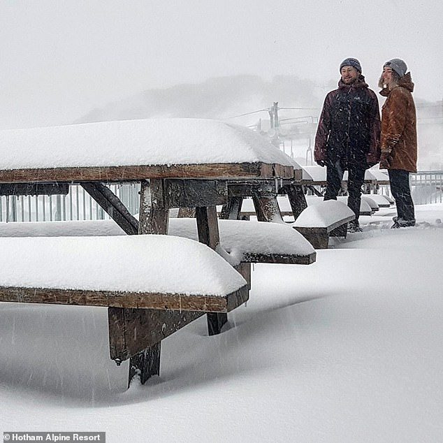 Hotham Alpine Resort in Victoria reported a depth check at 25cm and counting on Monday