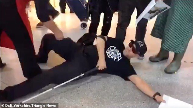 Click to enlarge blind vegan protester falls