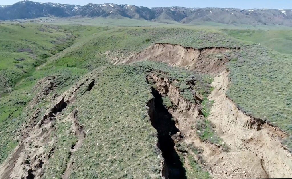 A still from drone video footage shows what