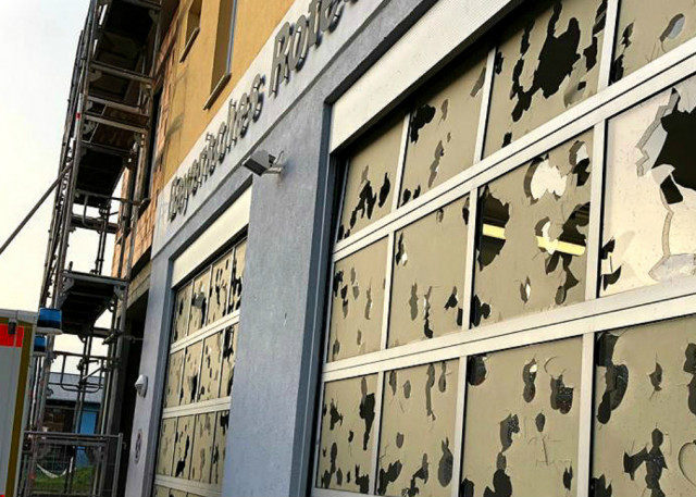 The hail caused damage to shop fronts, buildings
