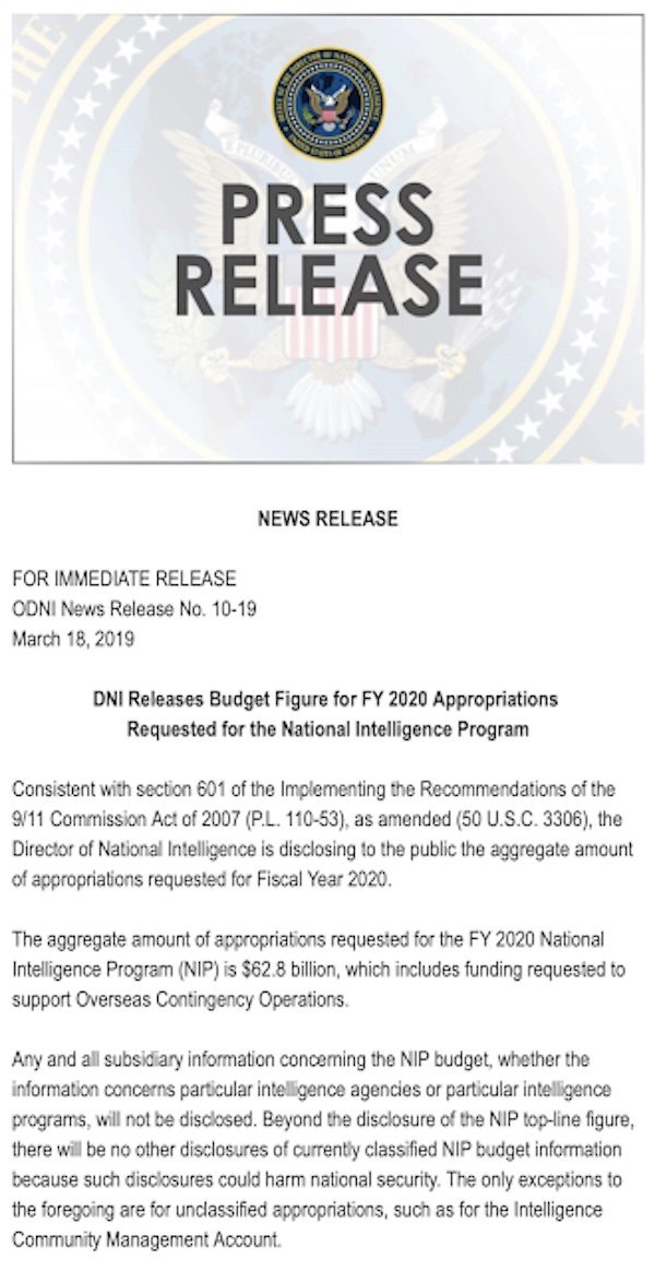 National Intelligence Program budget