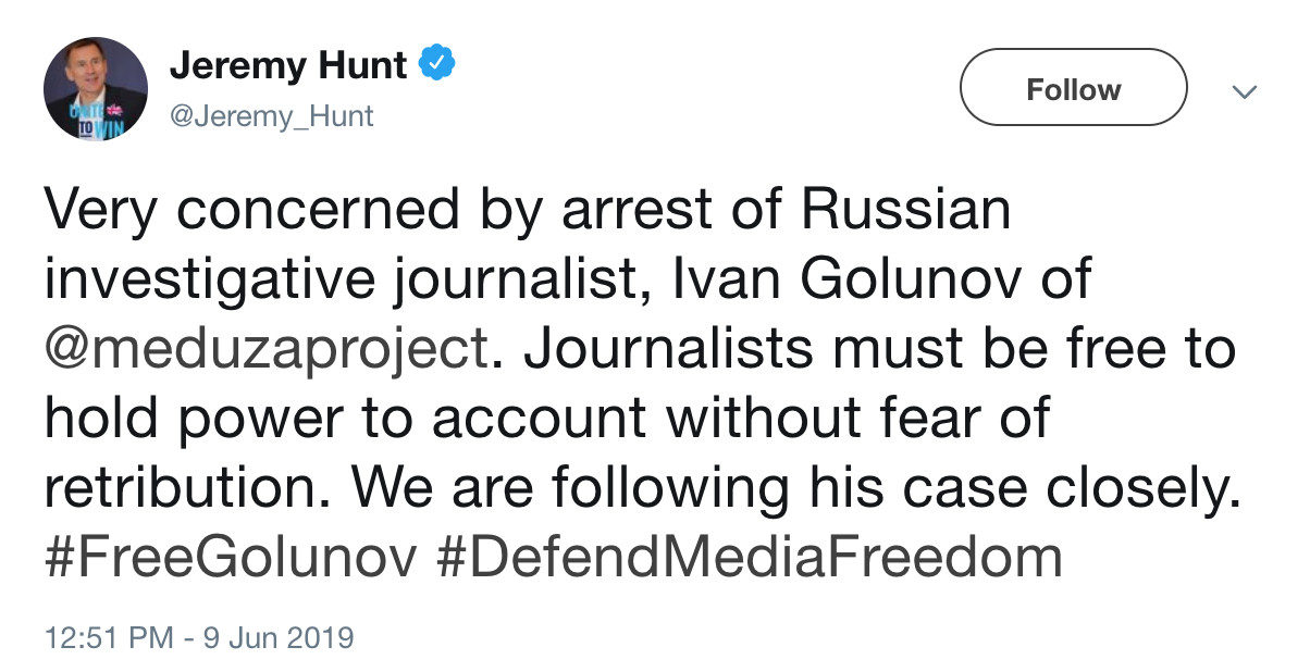 Click to enlarge jeremy hunt tweet golunov russia