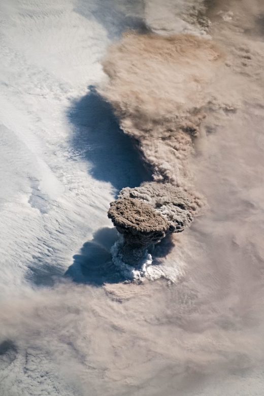 An astronaut's photo of the Raikoke volcano erupting on June 22, 2019