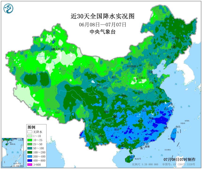 Rainfall in China 80 June to 07 July, 2019.